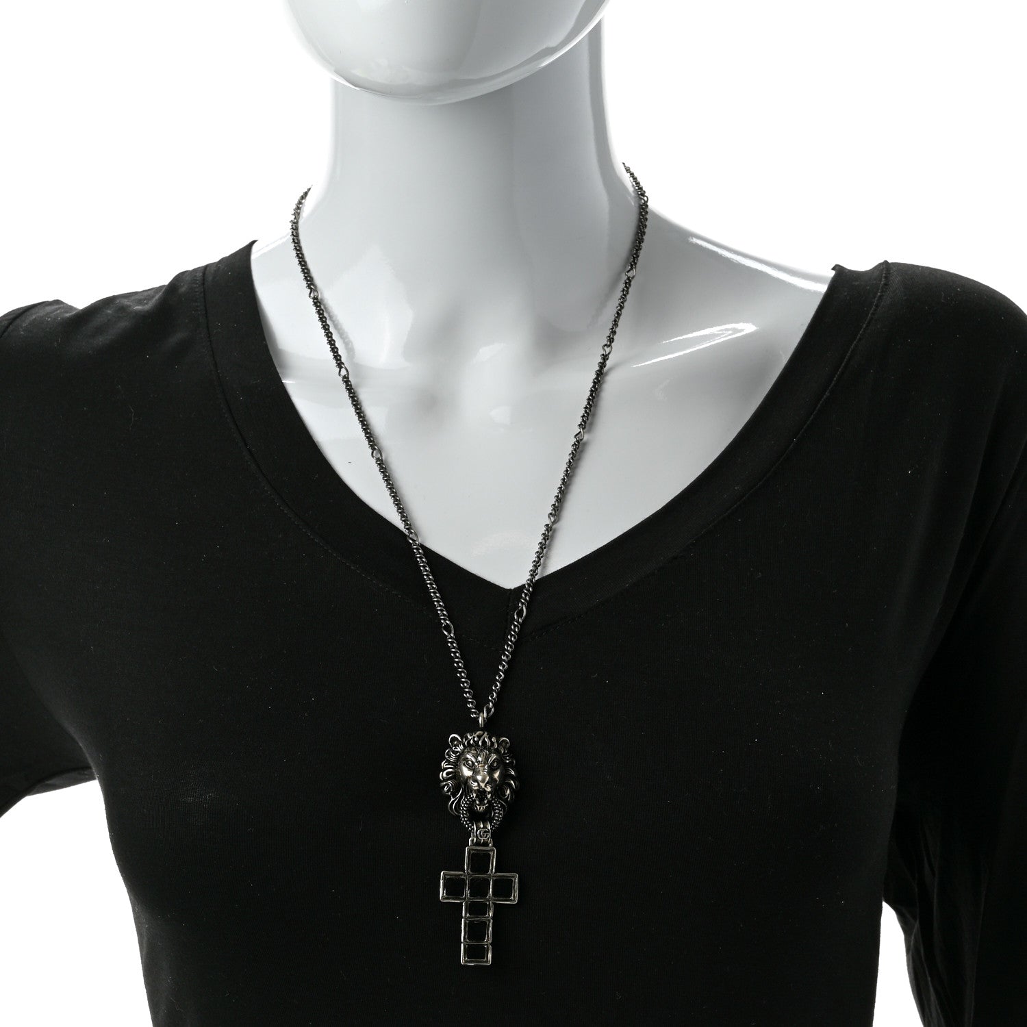 Gucci Enamel Brass Lion Head Crucifix Necklace Black 2 of 7