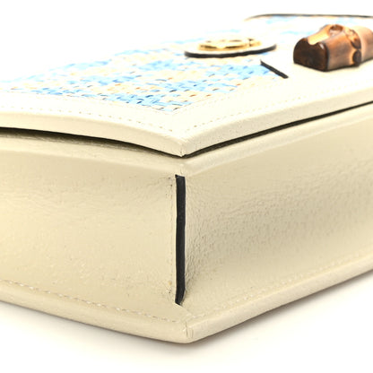 Gucci Polished Raffia Textured Dollar Calfskin Houndstooth Mini Diana Chain Bag Natural Light Blue Mystic White 8 of 10