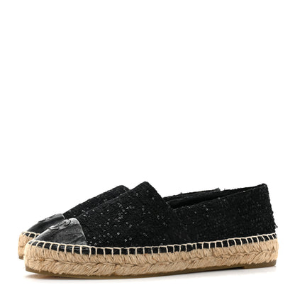 Chanel Tweed Patent Goatskin Sequin CC Espadrilles 36 Black 3 of 8