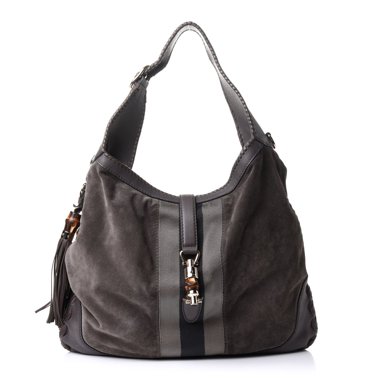 Calfskin Suede Large New Jackie Web Shoulder Bag Grey