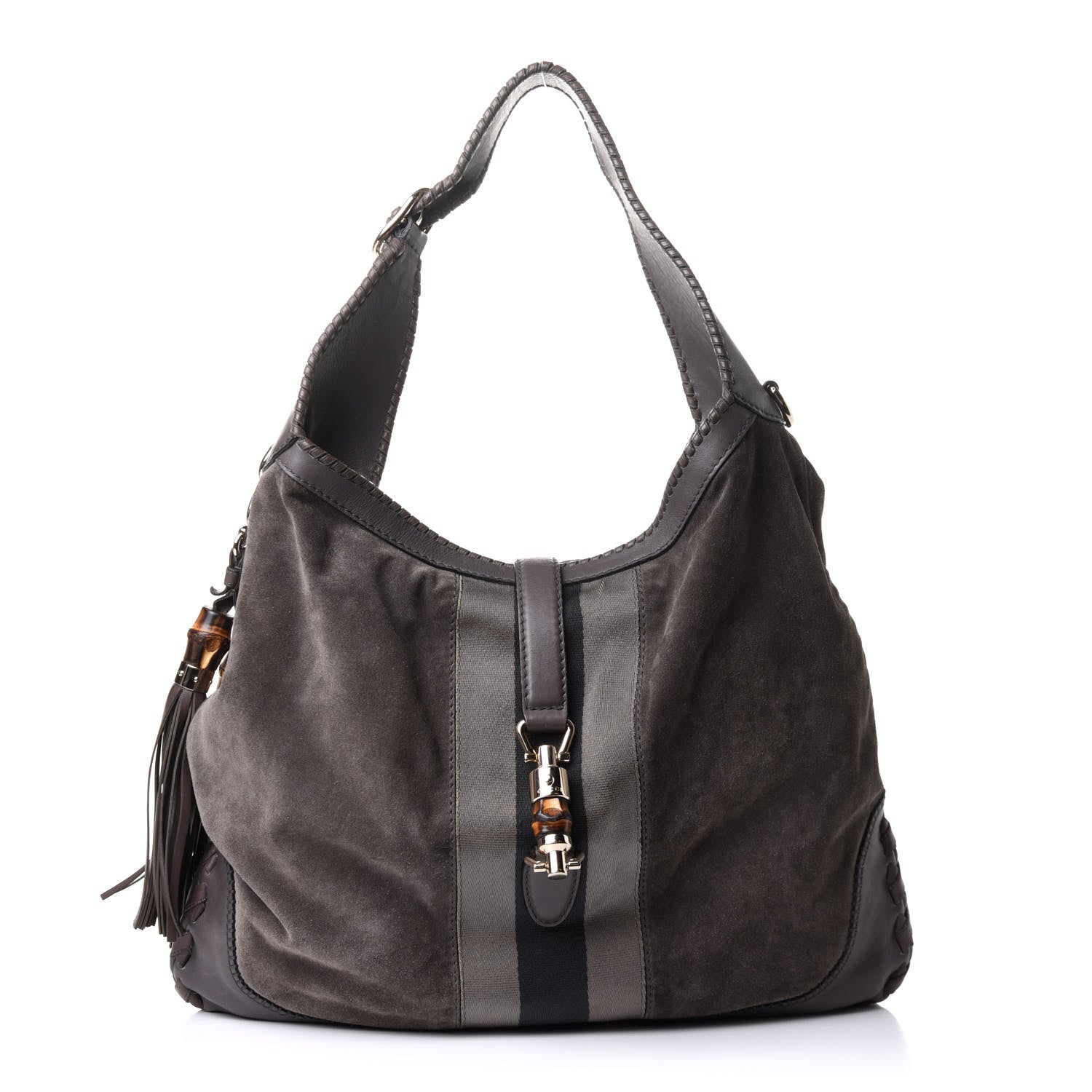 Gucci Calfskin Suede Large New Jackie Web Shoulder Bag Grey 1 of 12