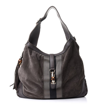 Gucci Calfskin Suede Large New Jackie Web Shoulder Bag Grey 1 of 12