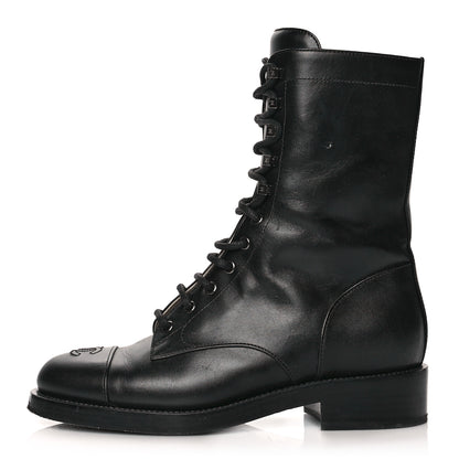 Chanel Calfskin Lace Up Combat Boots 40 Black 1 of 14