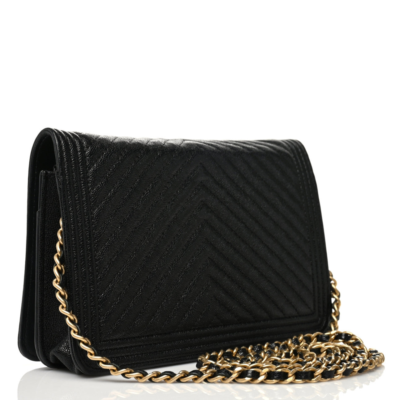 Caviar Chevron Quilted Boy Wallet On Chain WOC Black