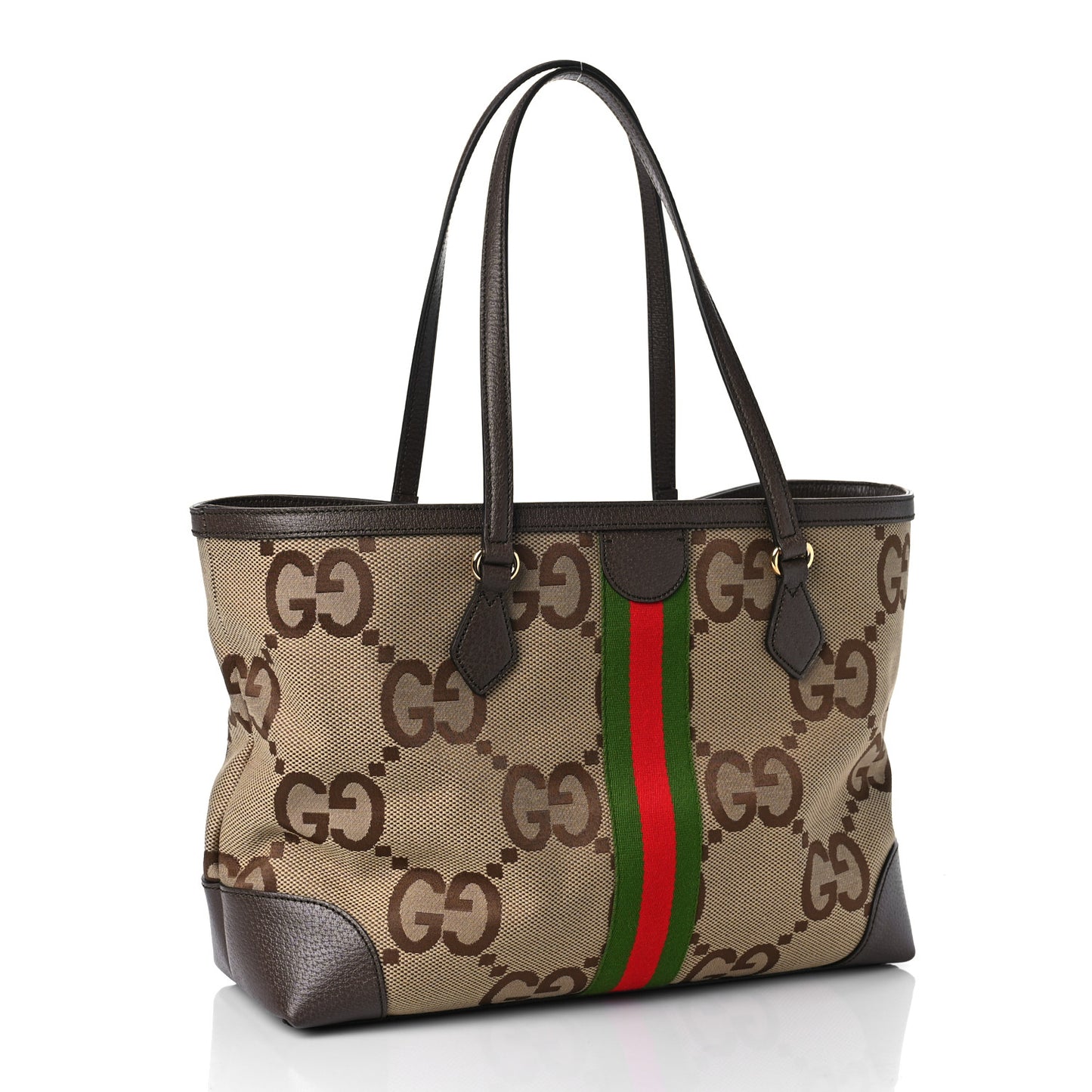 Monogram Jumbo GG Textured Dollar Calfskin Web Medium Ophidia Shopping Tote Camel Ebony