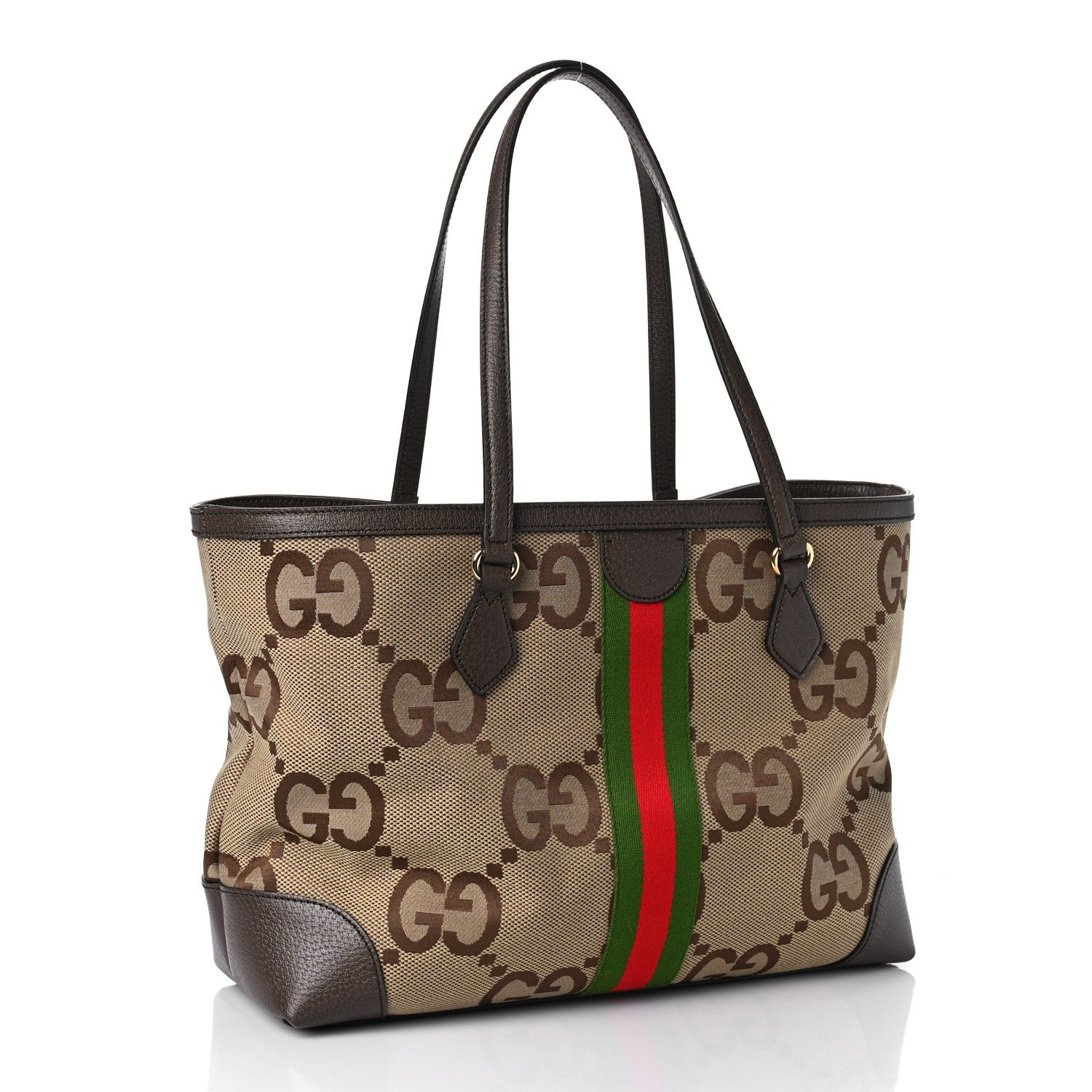 Gucci Monogram Jumbo GG Textured Dollar Calfskin Web Medium Ophidia Shopping Tote Camel Ebony 3 of 9