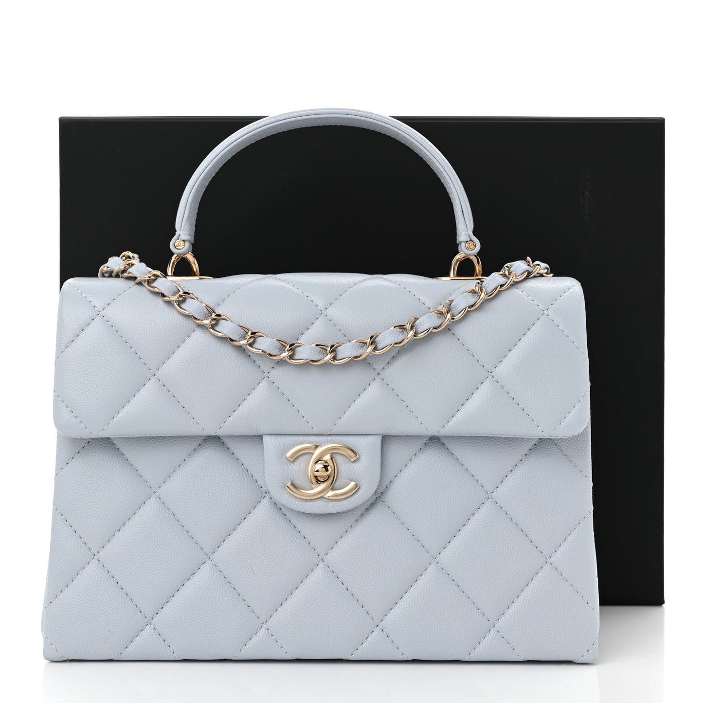 Caviar Quilted Retro Twist Top Handle Flap Light Grey
