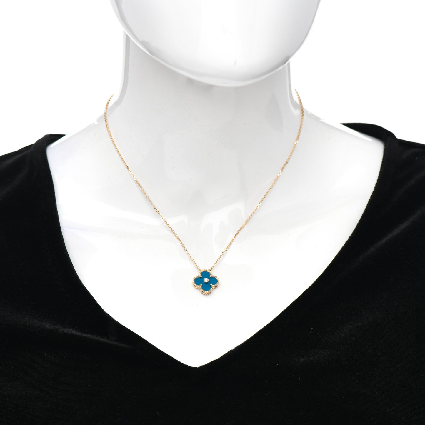 18K Yellow Gold Diamond Celestial Blue Sevres Porcelain Vintage Alhambra Pendant Necklace
