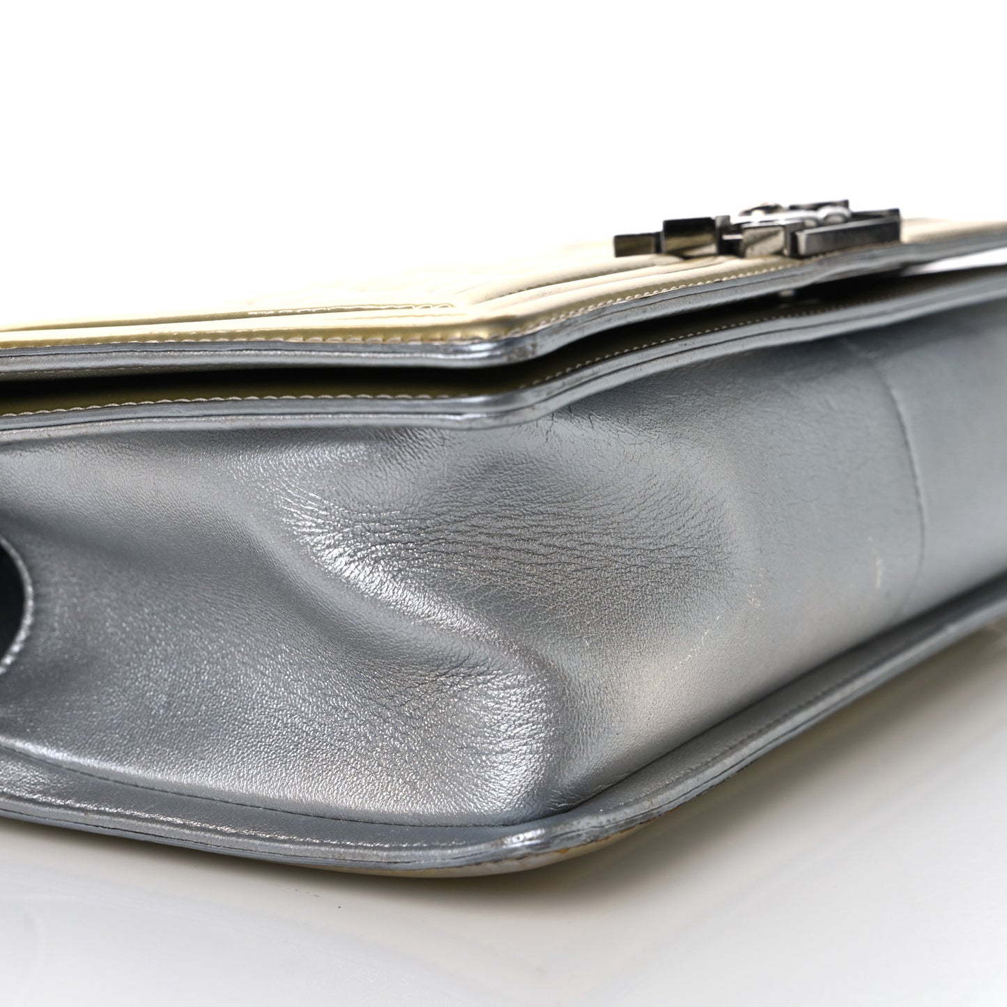 Metallic Patent Calfskin Quilted Medium Boy Flap Silver