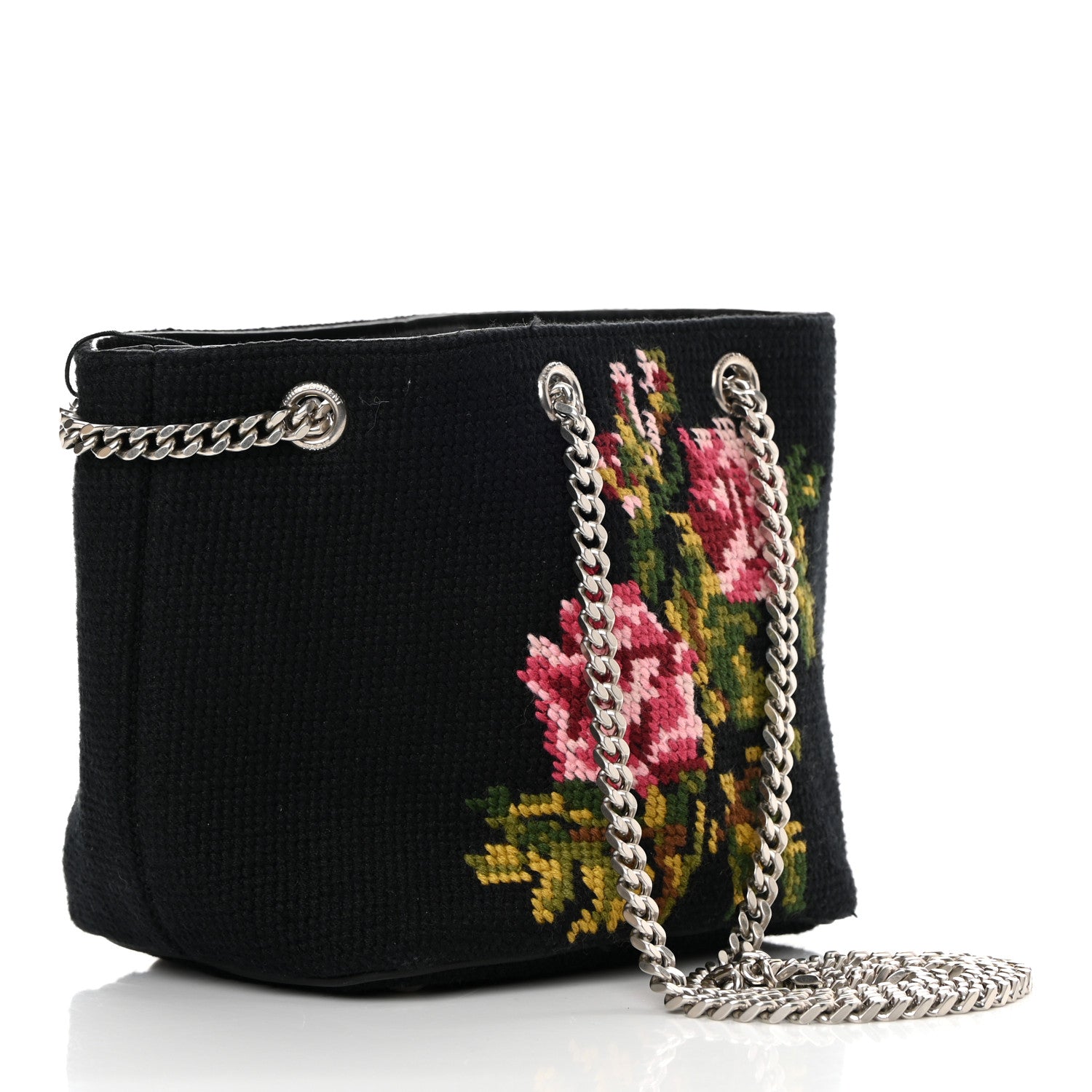 Saint Laurent Woven Wool Embroidered Baby Emmanuelle Bucket Bag Black 3 of 13