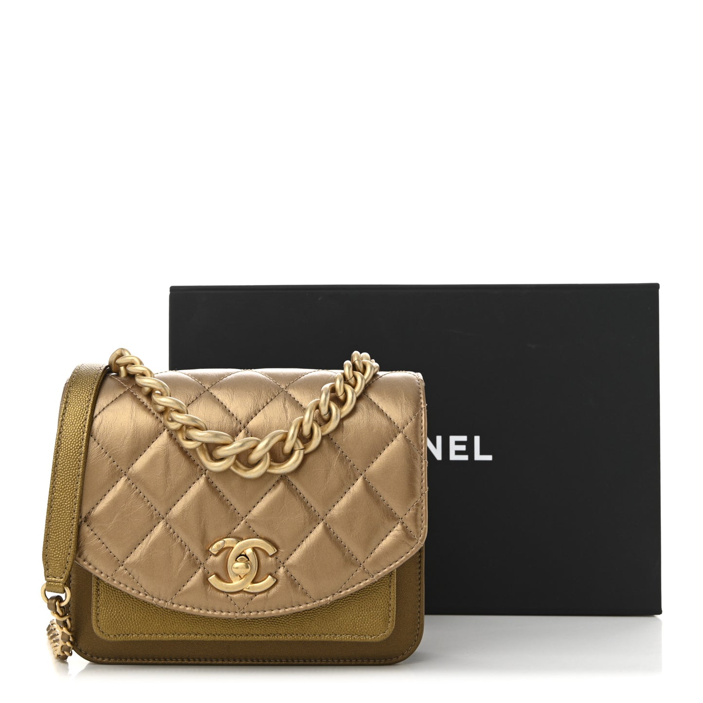 Metallic Calfskin Caviar Quilted Mini Chain Handle Flap Gold