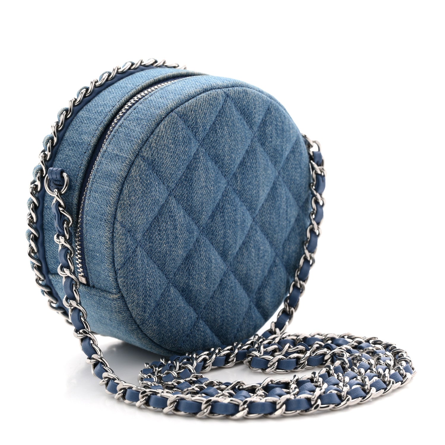 Chanel Denim Quilted Round Clutch With Chain Blue 4 of 11