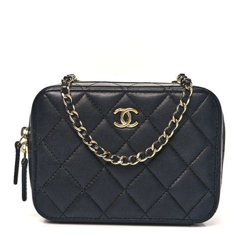 Lambskin Quilted Small Trendy CC Camera Case With Chain Navy