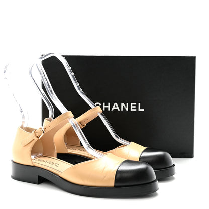Chanel Shiny Goatskin Mary Jane Flats 38.5 Beige Black 10 of 10