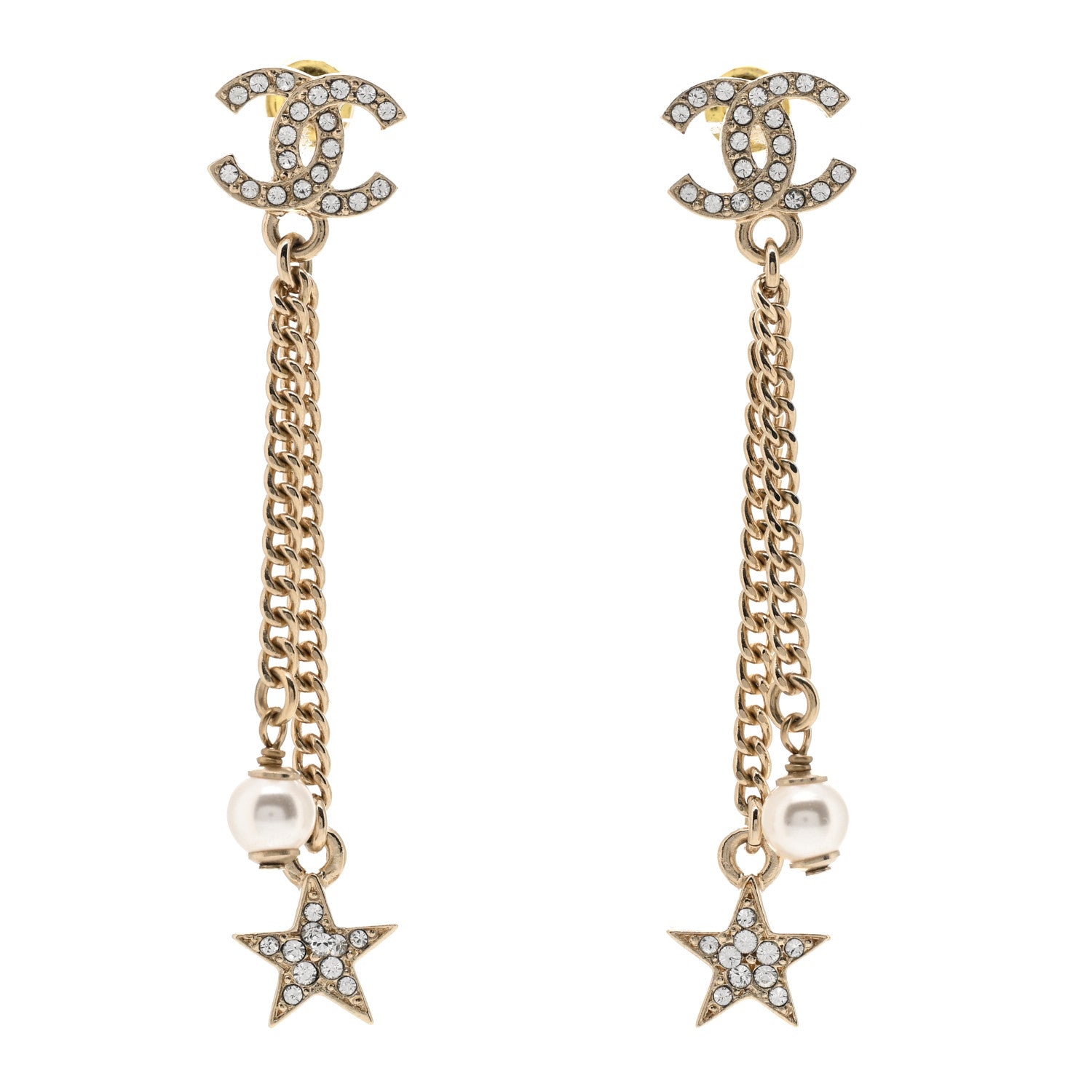 Chanel Crystal Pearl CC Star Drop Earrings Gold 1 of 4