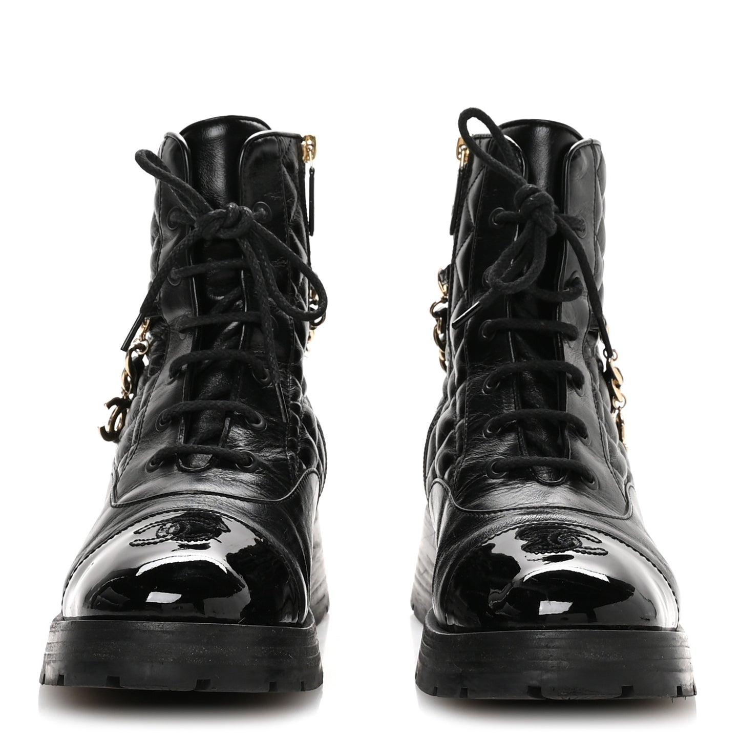 Shiny Calfskin Patent Quilted Chain Lace Up Combat Boots 40.5 Black