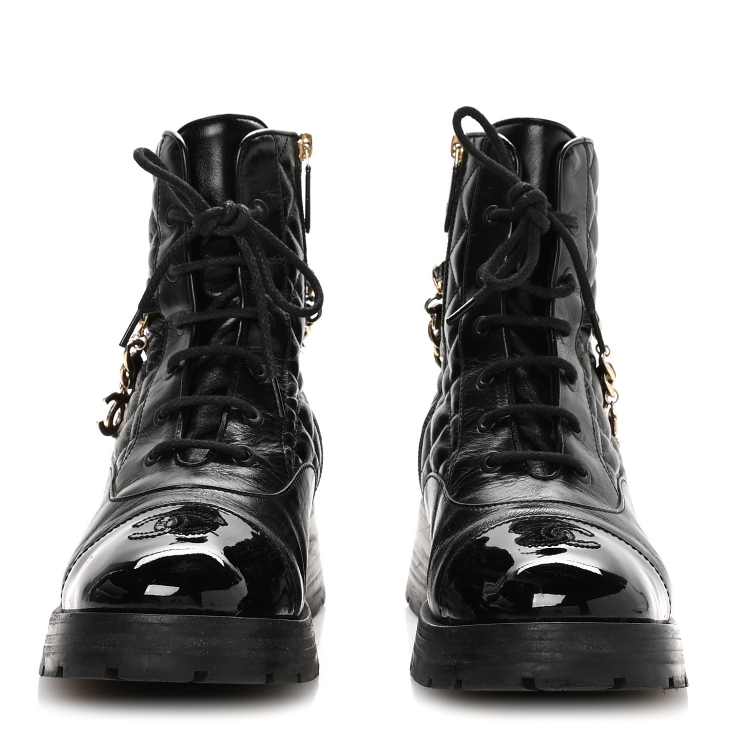 Chanel Shiny Calfskin Patent Quilted Chain Lace Up Combat Boots 40.5 Black 3 of 9