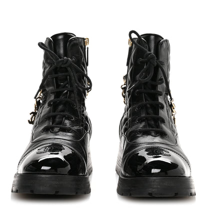 Chanel Shiny Calfskin Patent Quilted Chain Lace Up Combat Boots 40.5 Black 3 of 9