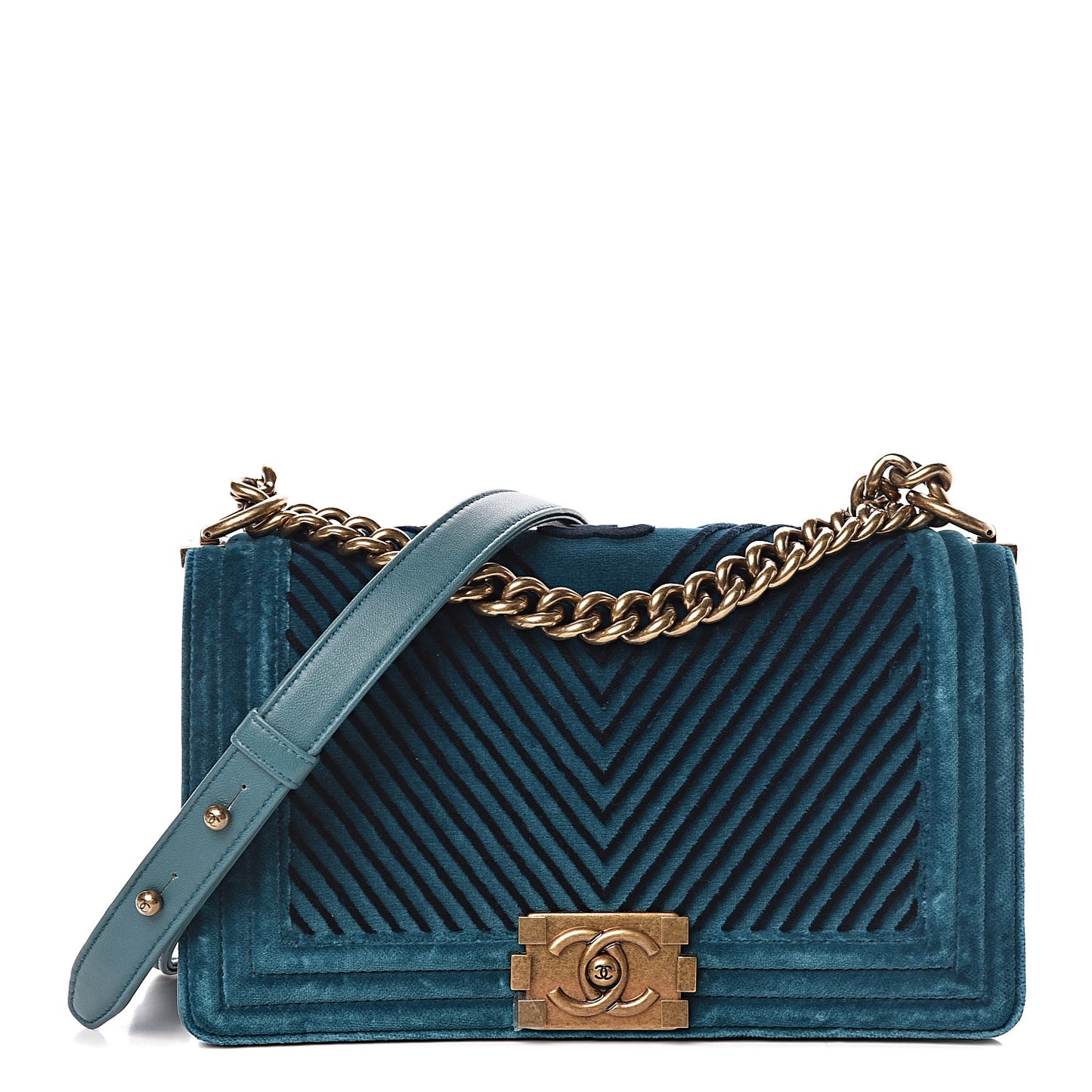 Velvet Chevron Quilted Medium Boy Flap Peacock Blue