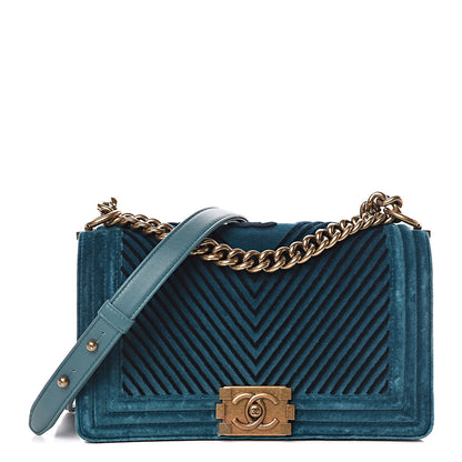 Chanel Velvet Chevron Quilted Medium Boy Flap Peacock Blue 1 of 10