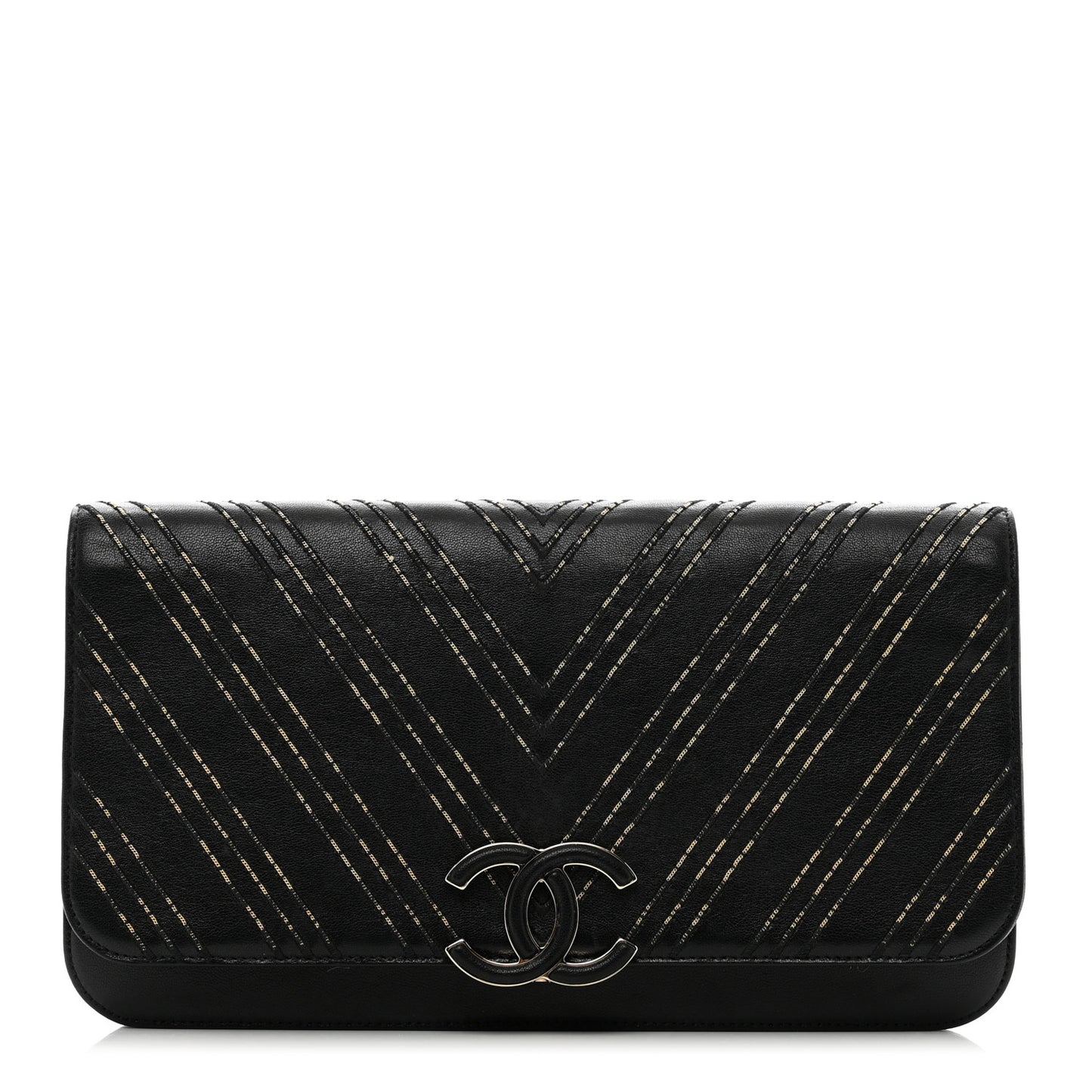 Lambskin Chain Chevron CC Clutch Black