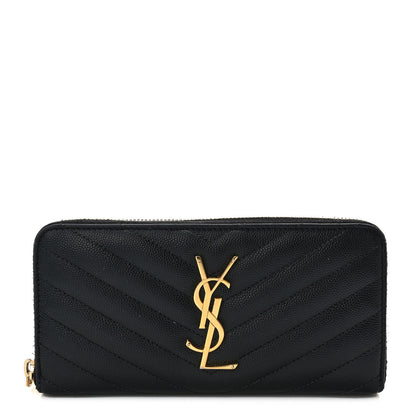 Saint Laurent Grain De Poudre Matelasse Chevron Monogram Zip Around Wallet Black 1 of 10