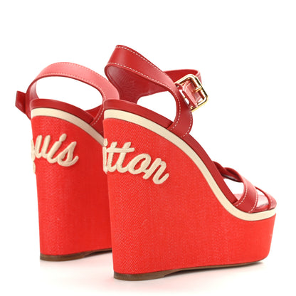 Louis Vuitton Canvas Waterfall Wedge Sandals 38.5 Red 4 of 9