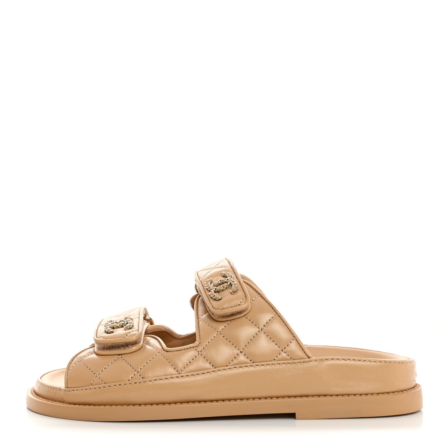Lambskin Quilted Velcro Dad Chain CC Slide Sandals 35 Beige