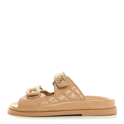 Chanel Lambskin Quilted Velcro Dad Chain CC Slide Sandals 35 Beige 1 of 8