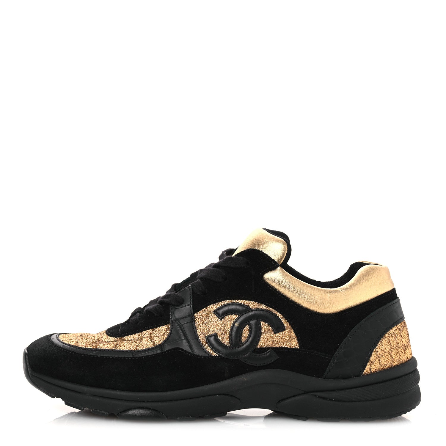 Chanel Metallic Fabric Suede Calfskin Crocodile Embossed Mens CC Sneakers 45 Black Gold 1 of 12