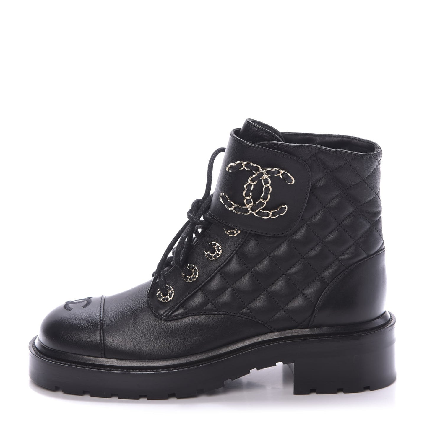 Shiny Lambskin Quilted Lace Up Combat Boots 37.5 Black