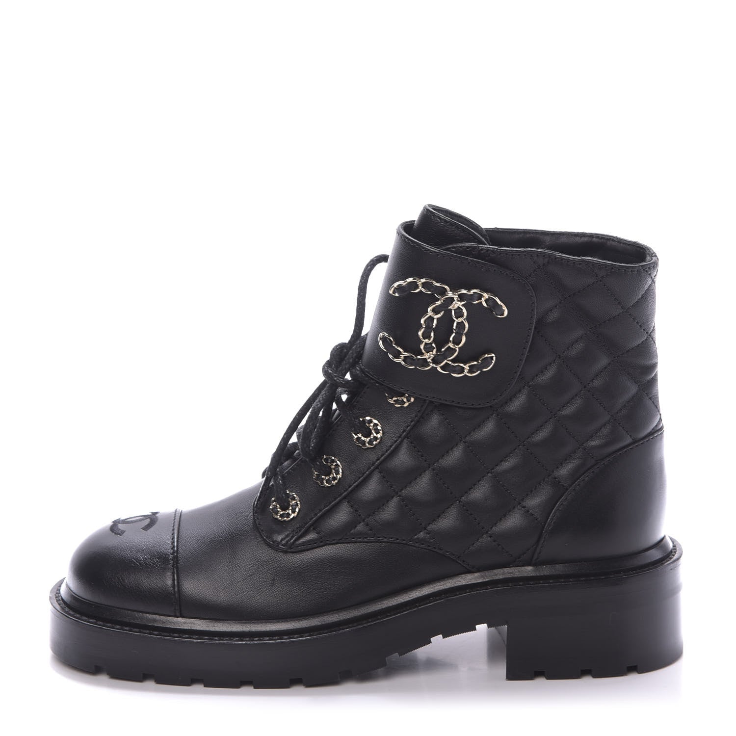 Chanel Shiny Lambskin Quilted Lace Up Combat Boots 37.5 Black 1 of 8