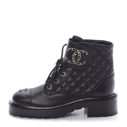 Chanel Shiny Lambskin Quilted Lace Up Combat Boots 37.5 Black 1 of 8
