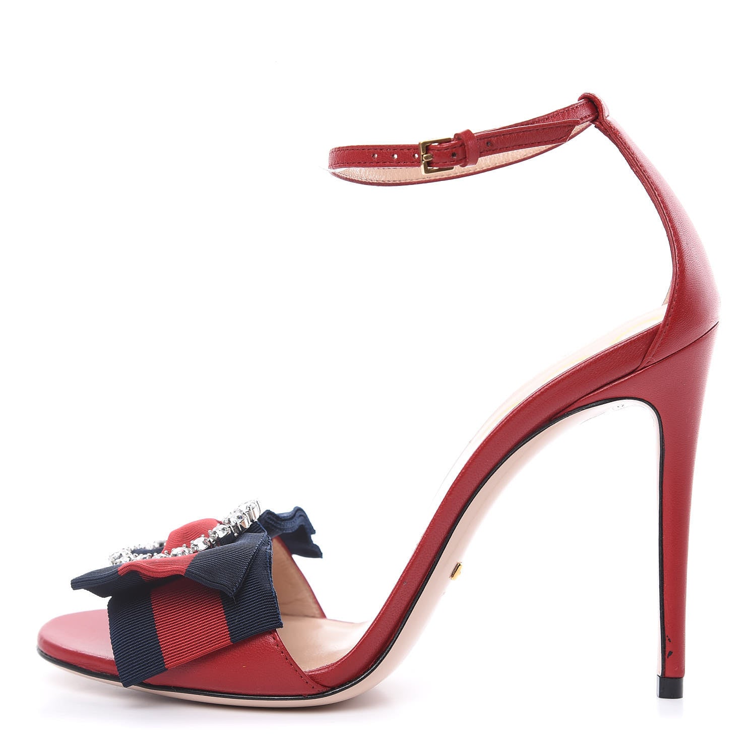 Gucci Nappa Crystal Web Ankle Strap High Heel Sandals 37 Hibiscus Red 1 of 9