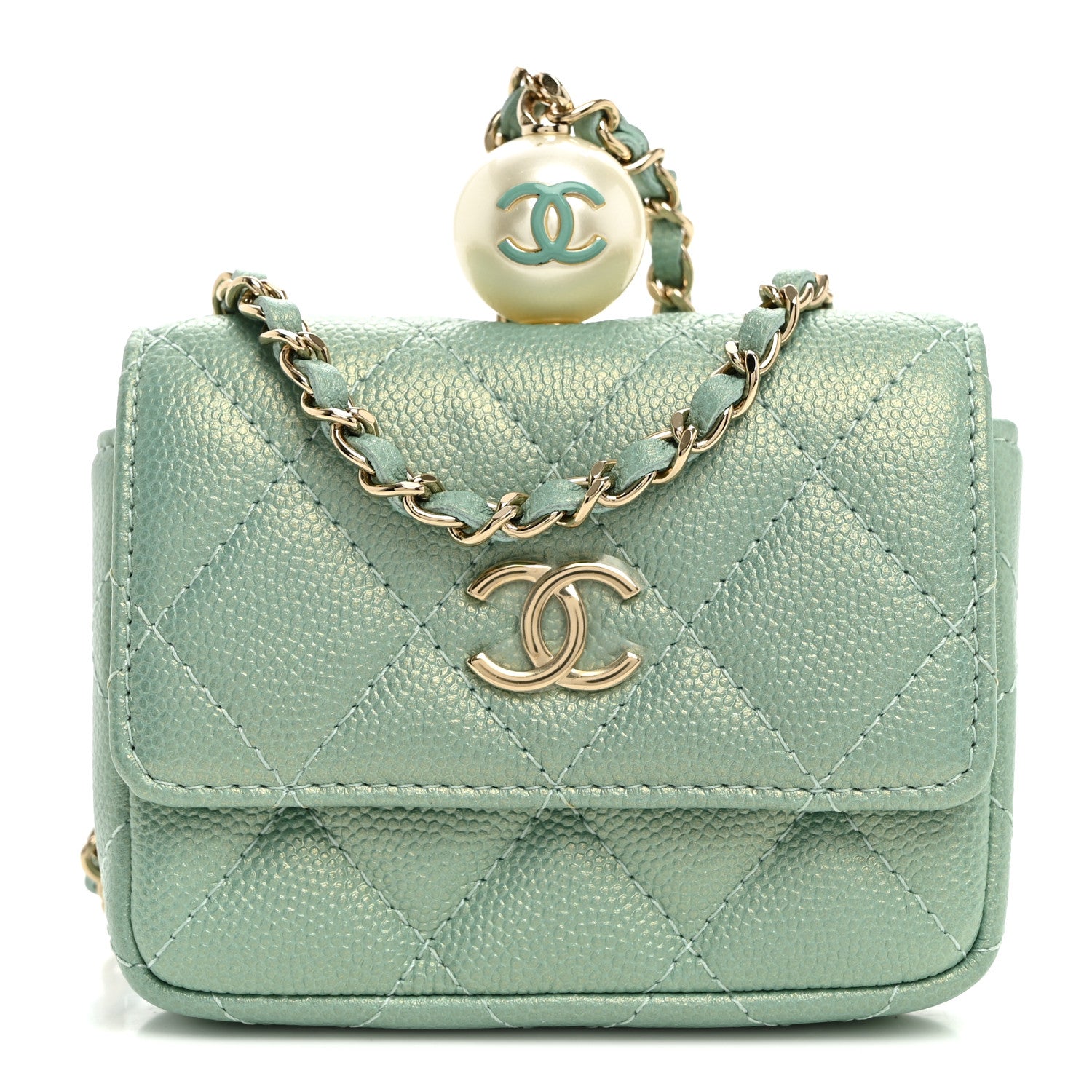 Chanel Iridescent Caviar Quilted Pearl On Top Coin Purse With Chain Light Green 1 of 10