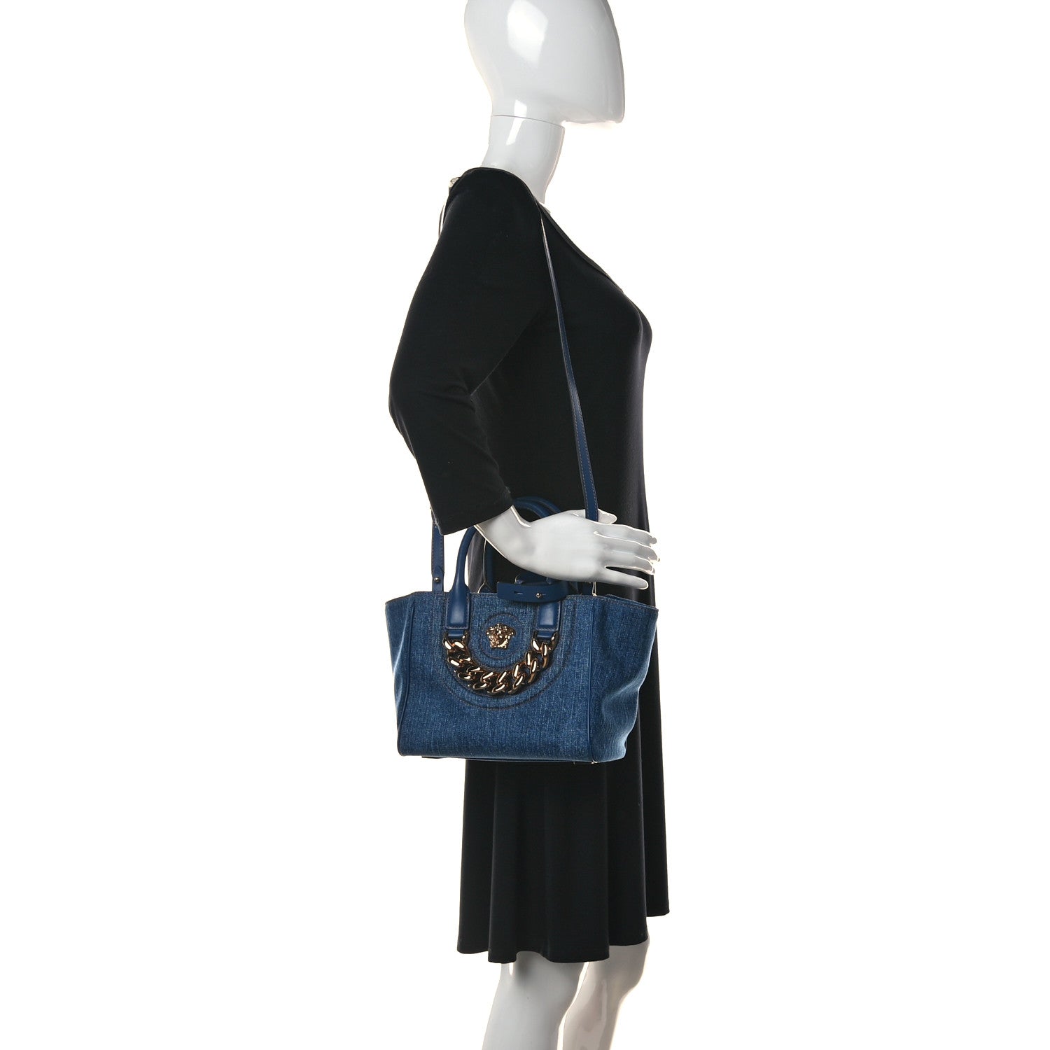 Versace Denim Mini La Medusa Chain Tote Navy Blue 3 of 9