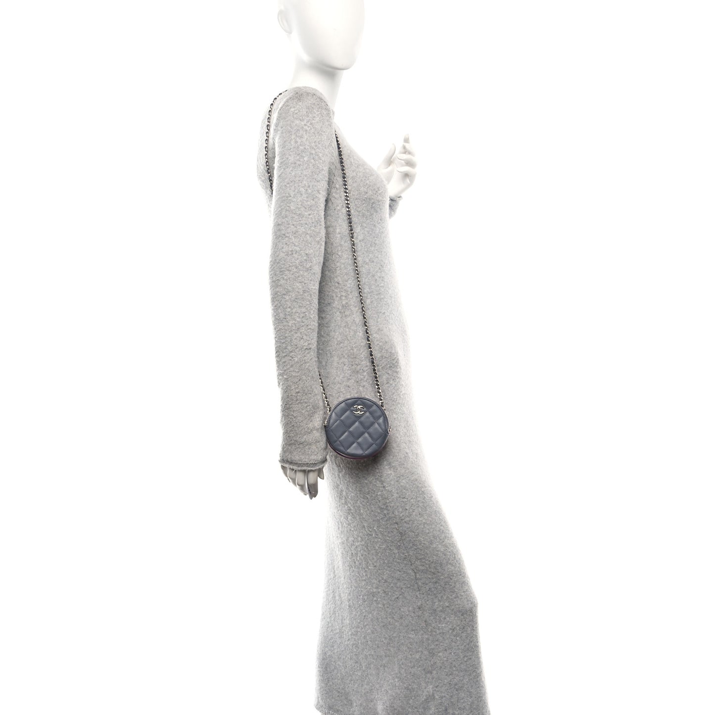 Lambskin Quilted Round Clutch With Chain Grey Multicolor