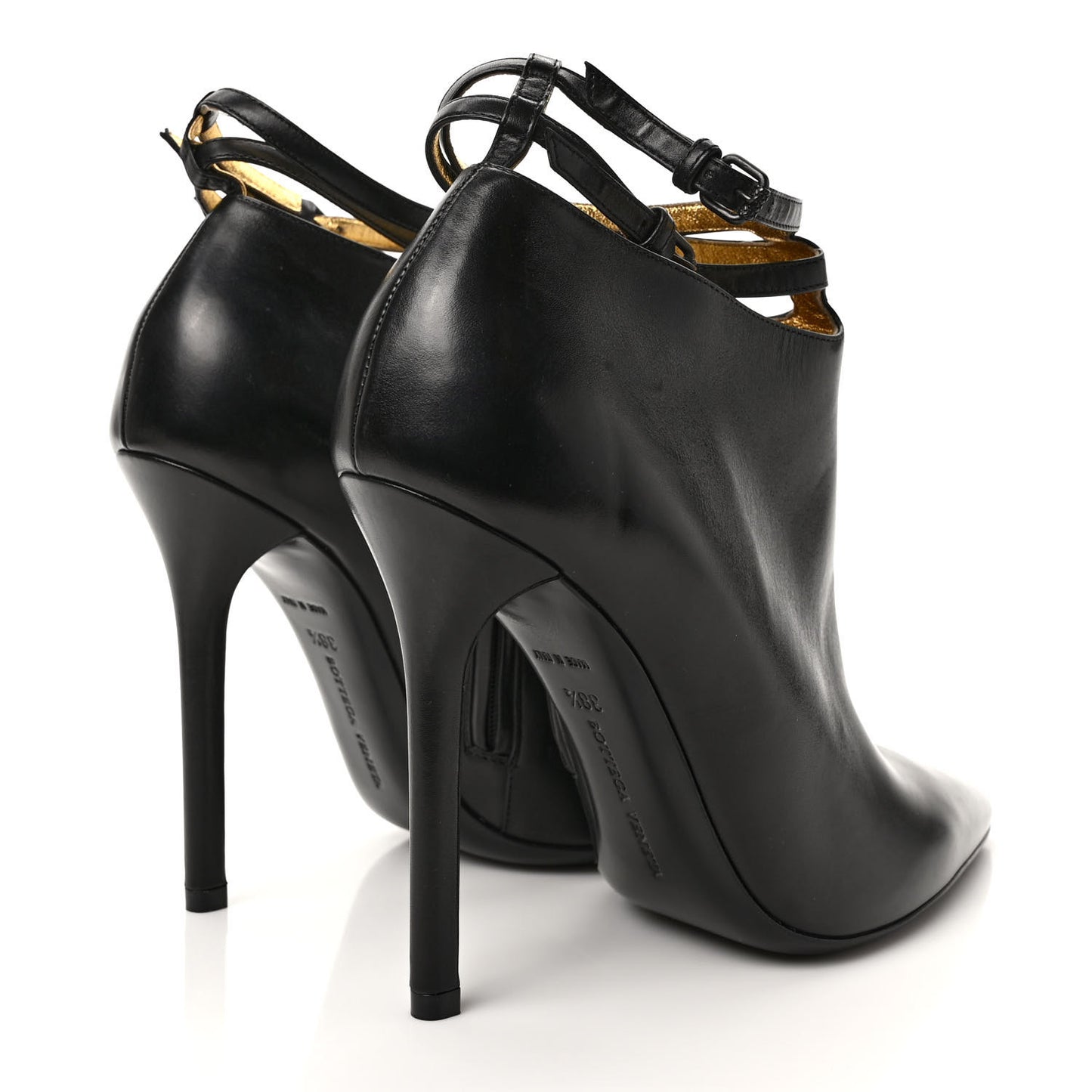 Gleam Calfskin Ankle Strap High Heel Booties 38.5 Black