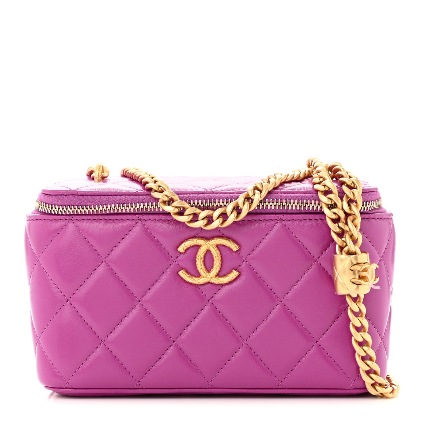 Lambskin Quilted Small Pillow Crush Vanity Case With Chain Purple