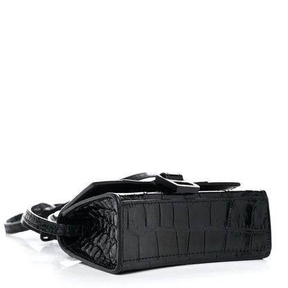 Balenciaga Shiny Calfskin Monochrome Crocodile Embossed Hourglass Top Handle Bag Mini Black 4 of 15