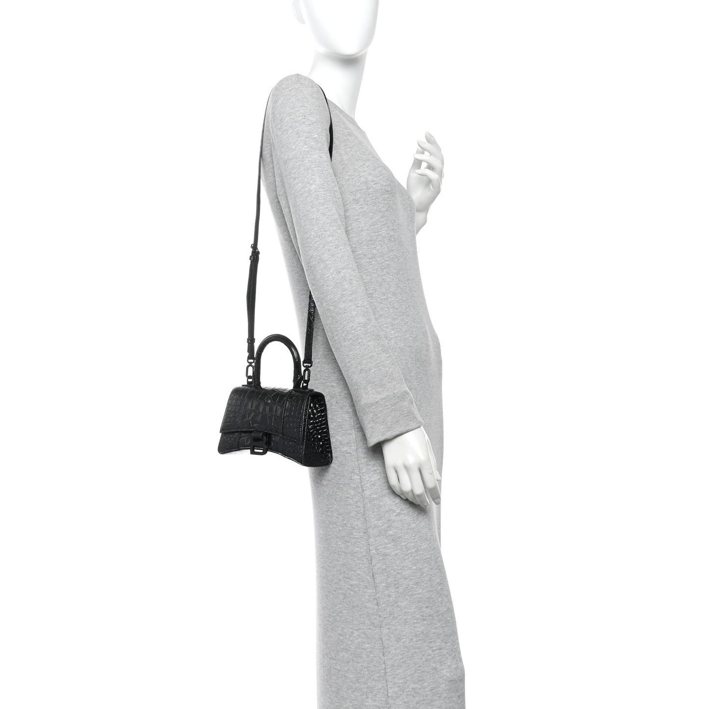 Shiny Calfskin Monochrome Crocodile Embossed Hourglass Top Handle Bag XS Black