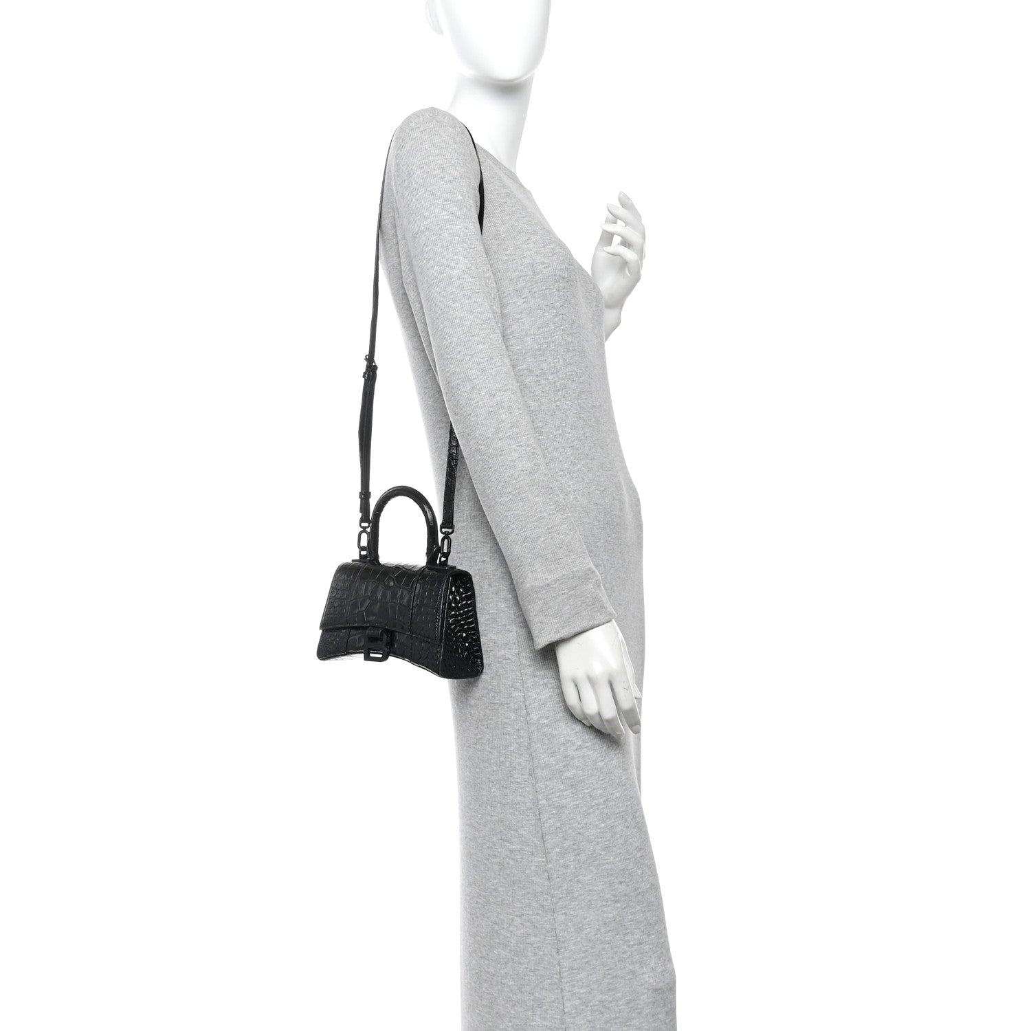 Balenciaga Shiny Calfskin Monochrome Crocodile Embossed Hourglass Top Handle Bag XS Black 2 of 10