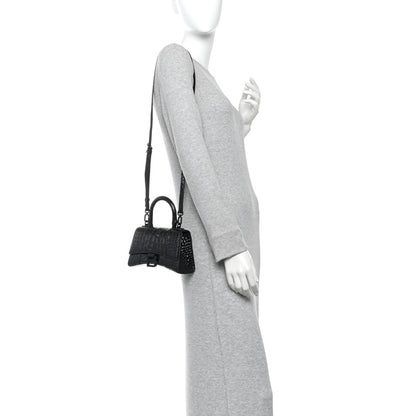 Balenciaga Shiny Calfskin Monochrome Crocodile Embossed Hourglass Top Handle Bag XS Black 2 of 10