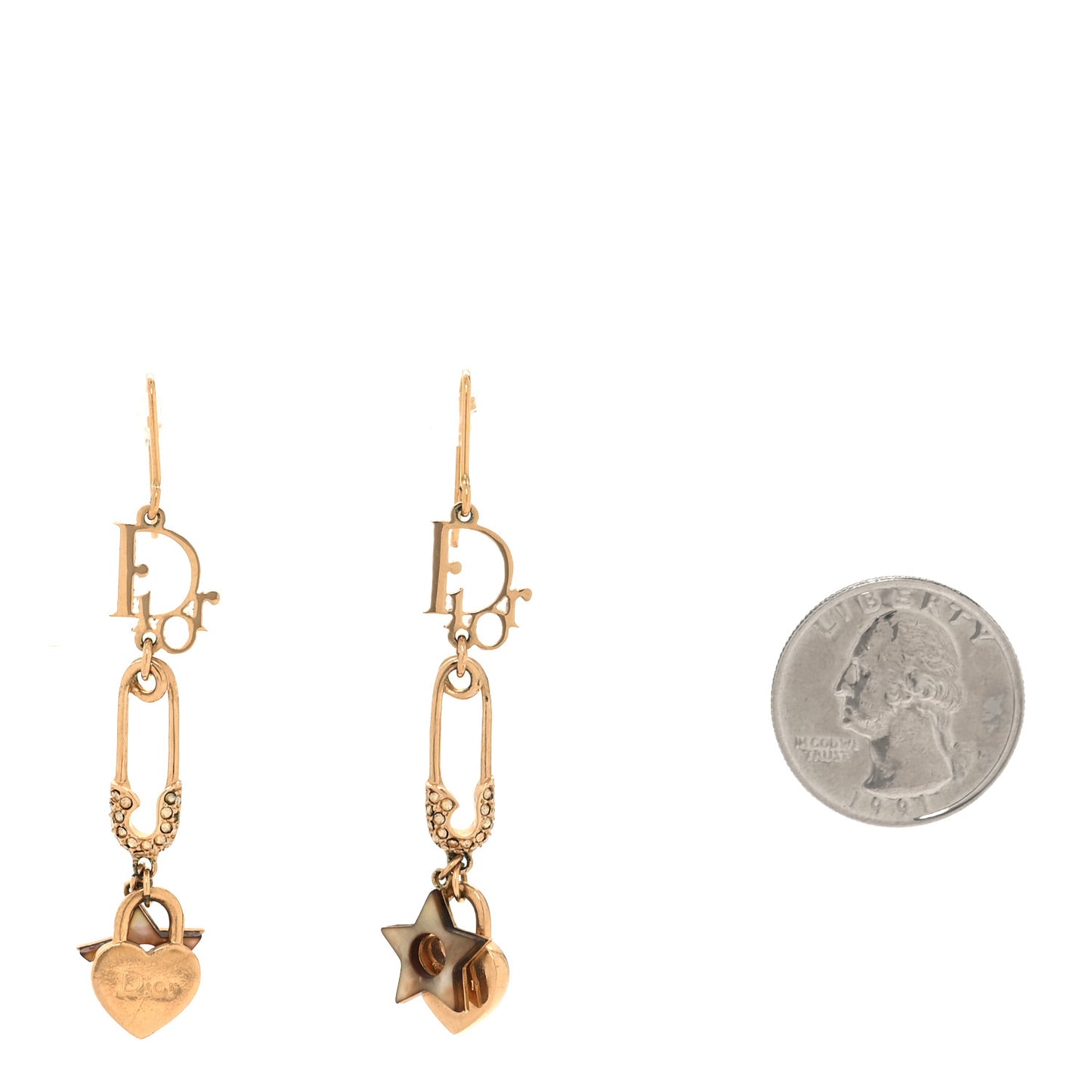 Crystal Safety Pin Logo Drop Earrings Gold