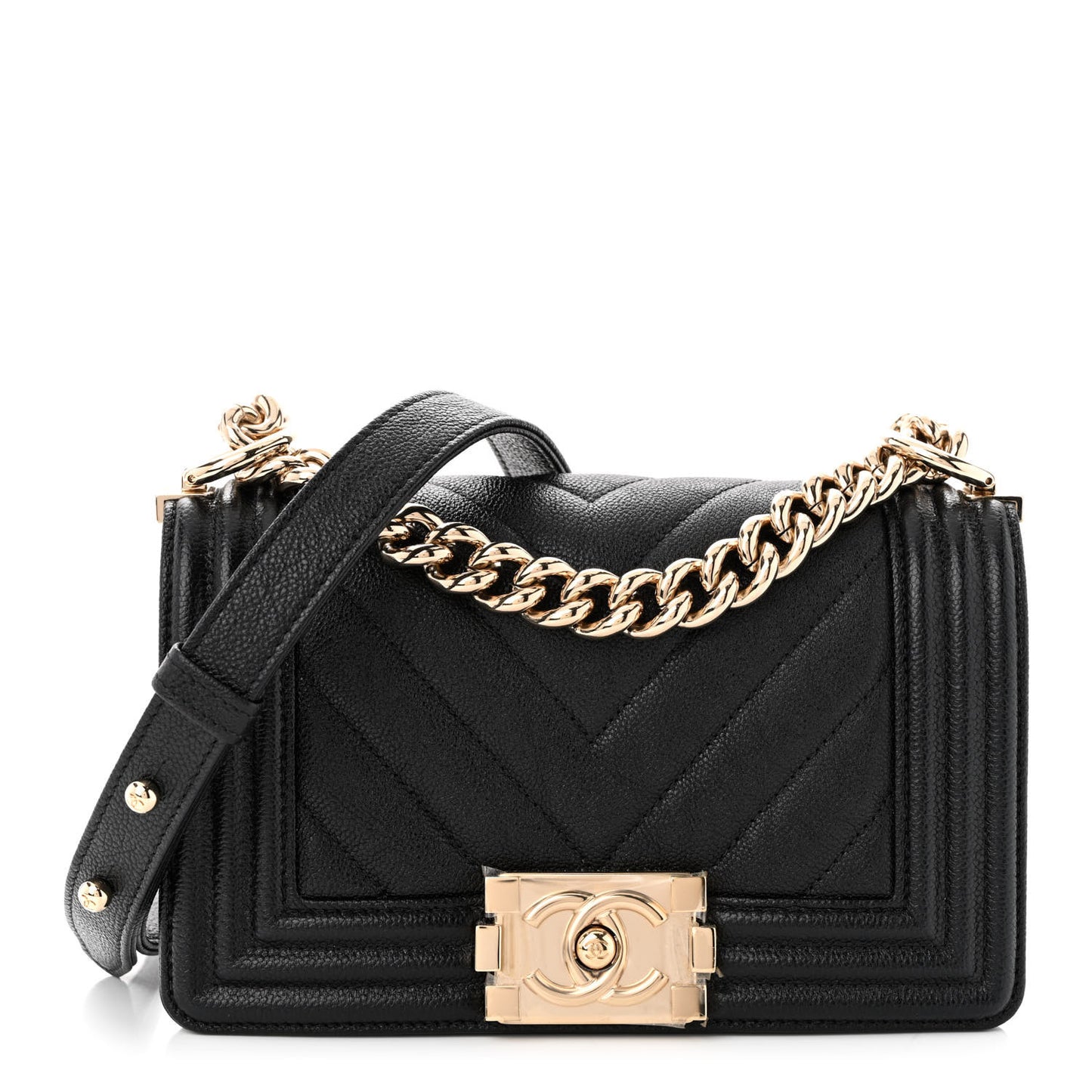Caviar Chevron Quilted Small Boy Flap Black
