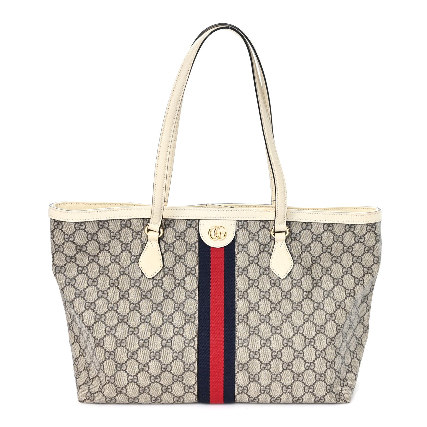 GG Supreme Monogram Textured Dollar Calfskin Web Medium Ophidia Shopping Tote Beige Ebony Mystic White