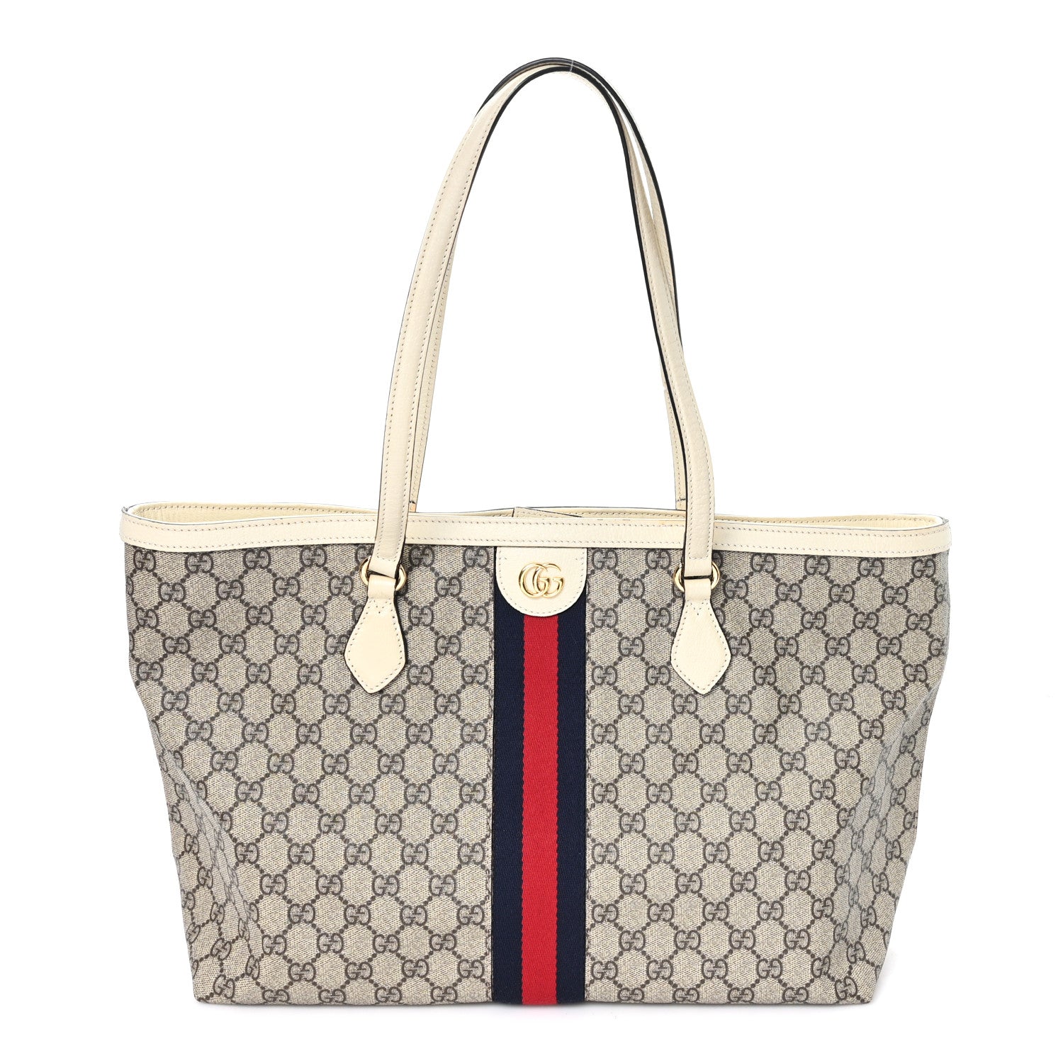 Gucci GG Supreme Monogram Textured Dollar Calfskin Web Medium Ophidia Shopping Tote Beige Ebony Mystic White 1 of 9