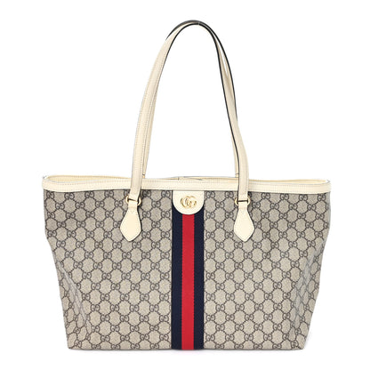Gucci GG Supreme Monogram Textured Dollar Calfskin Web Medium Ophidia Shopping Tote Beige Ebony Mystic White 1 of 9
