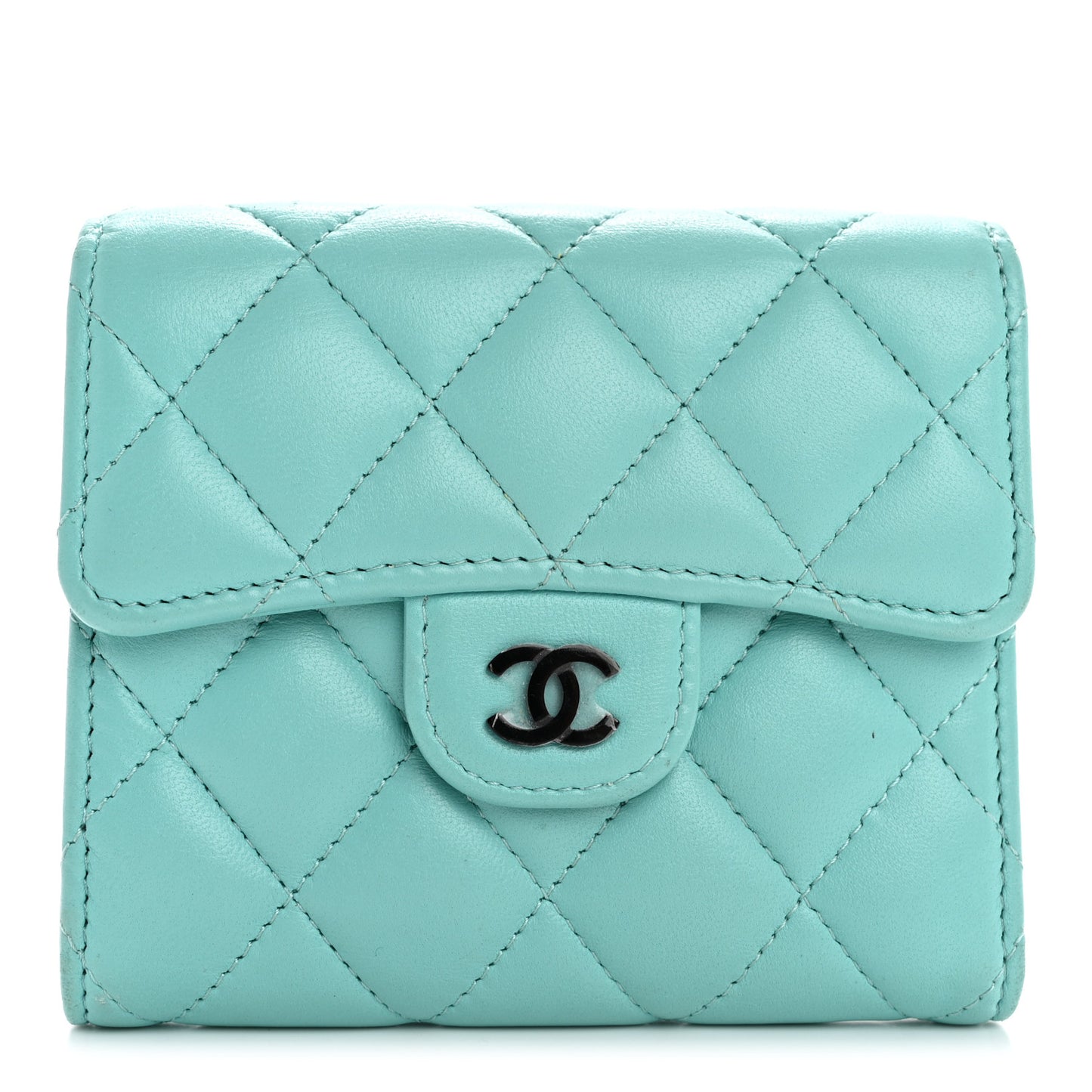 Lambskin Quilted Compact Flap Wallet Turquoise