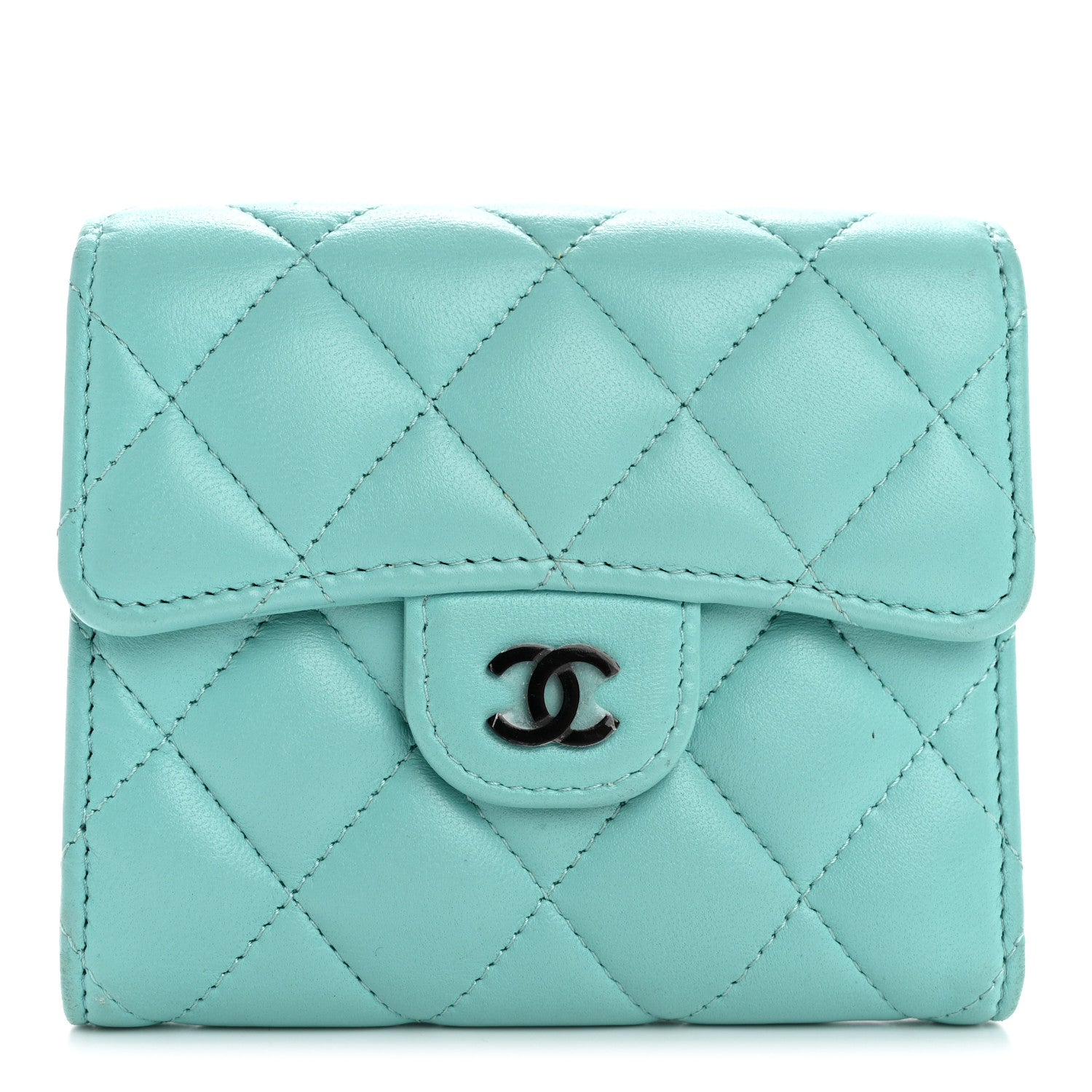 Chanel Lambskin Quilted Compact Flap Wallet Turquoise 1 of 13